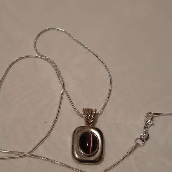 Purple Cats Eye Stone Necklace  Necklace Is Stamped 925, 24.5" Long,Pendant 1" L - Picture 2 of 8